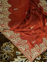 Rust Orange Mulberry Silk Saree With Zardozi Scalloped Border