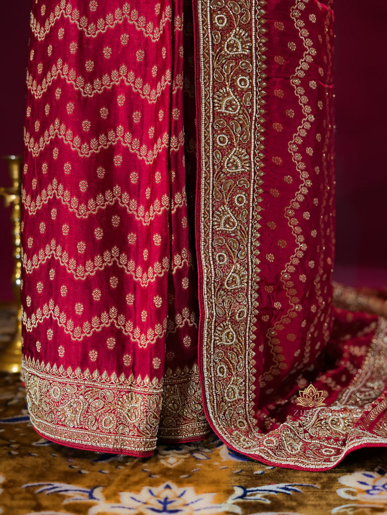 Calcutta Red Zardozi Handwork Mulberry Banarasi Silk Saree
