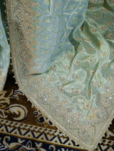 Ocean green Zardozi Handwork Munga Banarasi SIlk Saree