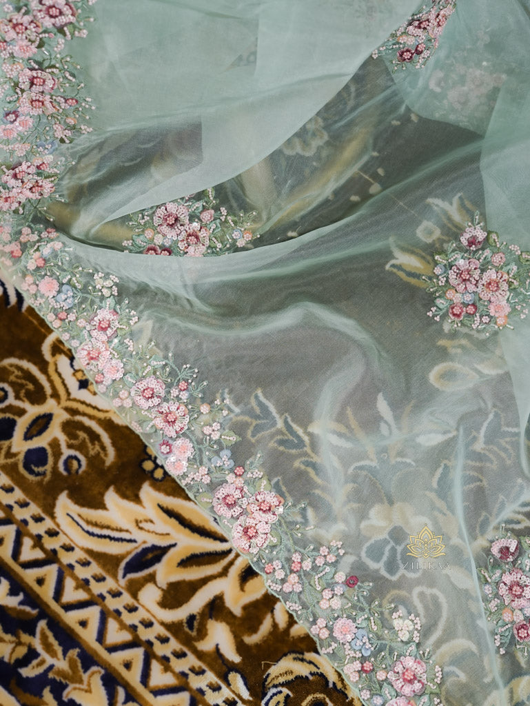 Ocean Green Hand Embroidery Organza Silk Saree
