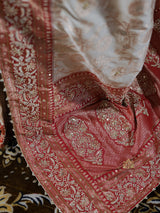 Ivory Red Banarasi Katan Silk Saree with Zardozi Hand Embroidery