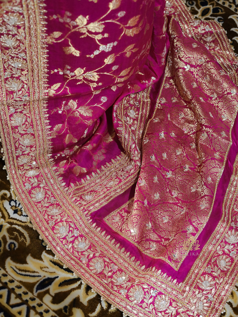 Queen Pink Zardozi Handwork Mulberry Banarasi Silk Saree
