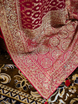 Calcutta Red Zardozi Pearl Handwork Mulberry Banarasi Silk Saree