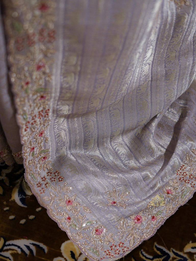 Lilac Purple Designer Hand Embroidery Kanchi Tissue Silk Saree