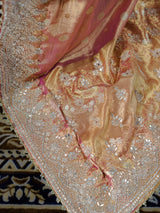 Salmon Pink Zardozi Hand Embroidery Kanchipuram Tissue Silk Saree
