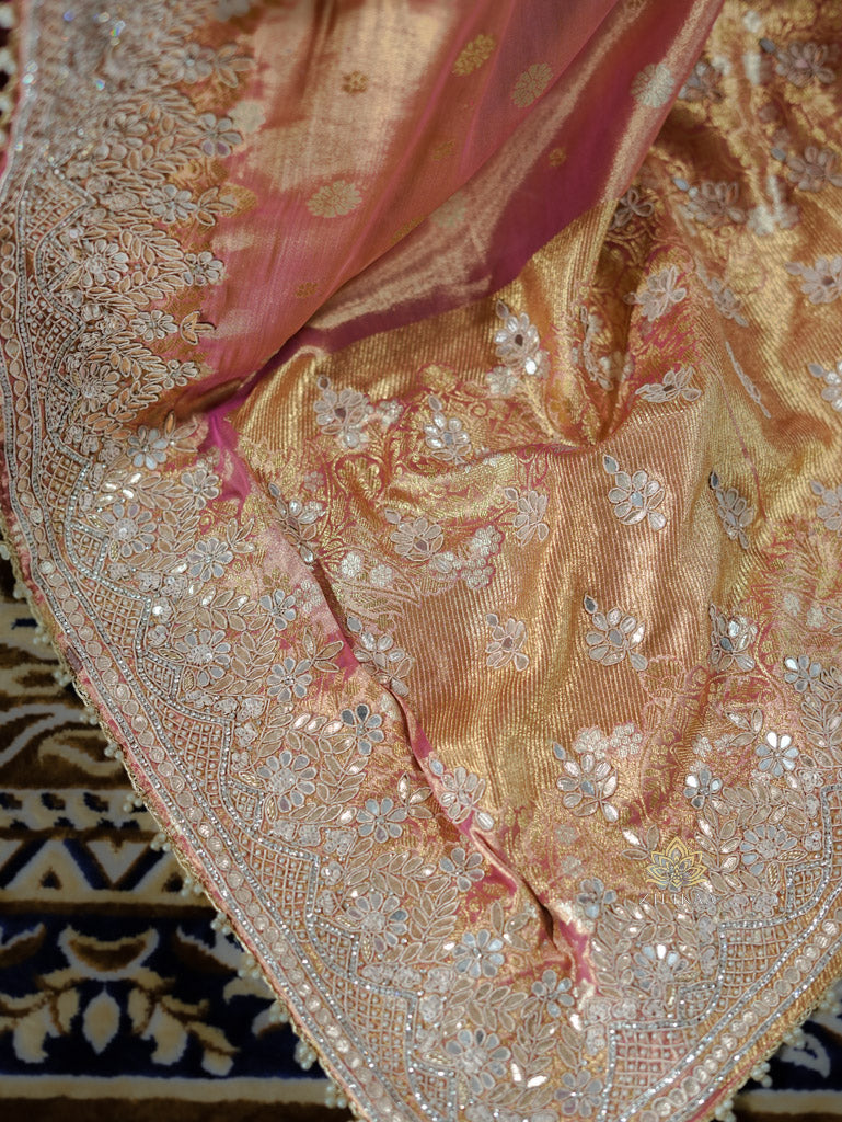 Salmon Pink Zardozi Hand Embroidery Kanchipuram Tissue Silk Saree