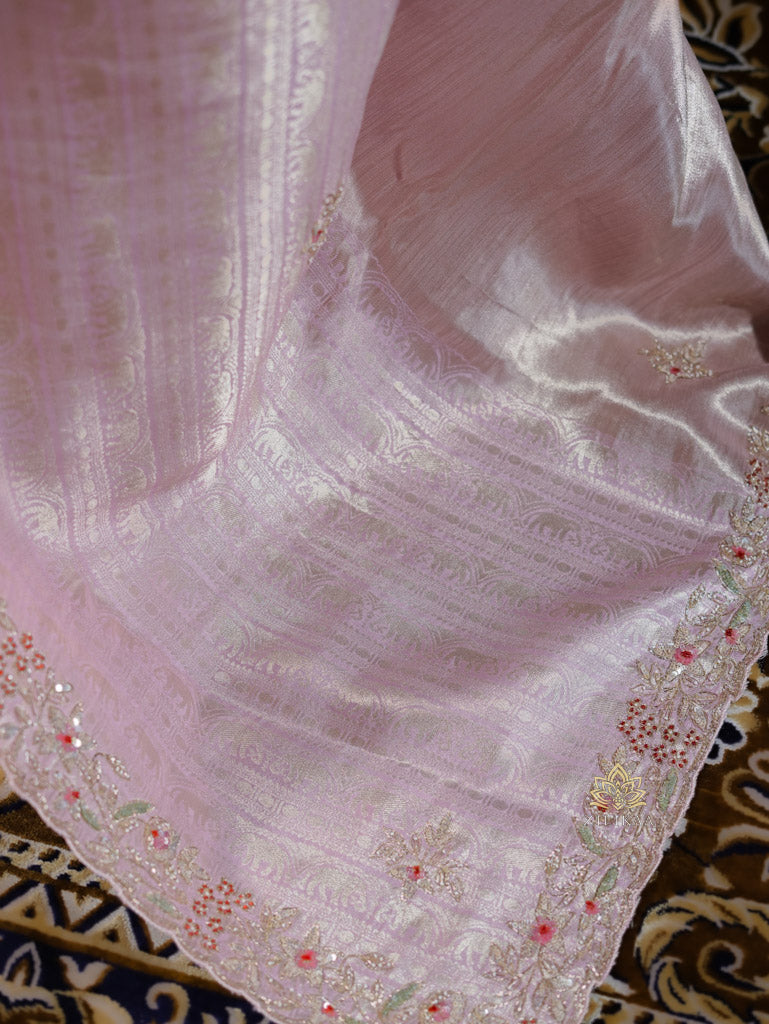 Baby Pink Designer Hand Embroidery Kanchi Tissue Silk Saree