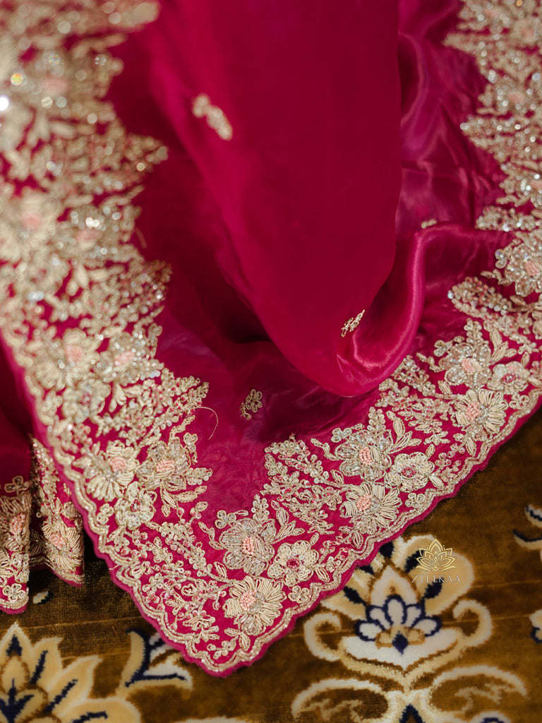 Queen Pink Mulberry Silk Saree With Zardozi Scalloped Border