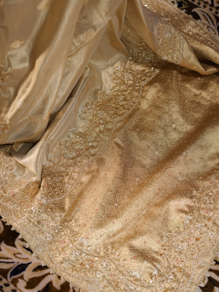 Ivory Gold Zardozi Hand Embroidery Kanchipuram Tissue Silk Saree