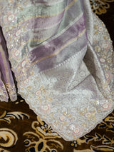 Lilac Purple Designer Hand Embroidery Rangkat Kanchi Tissue Silk Saree