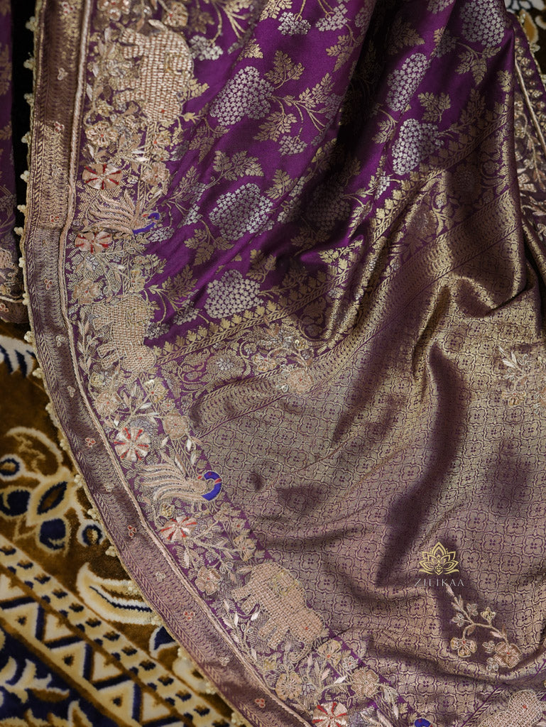 Plum Wine Banarasi Katan Silk Saree with Zardozi Handwork