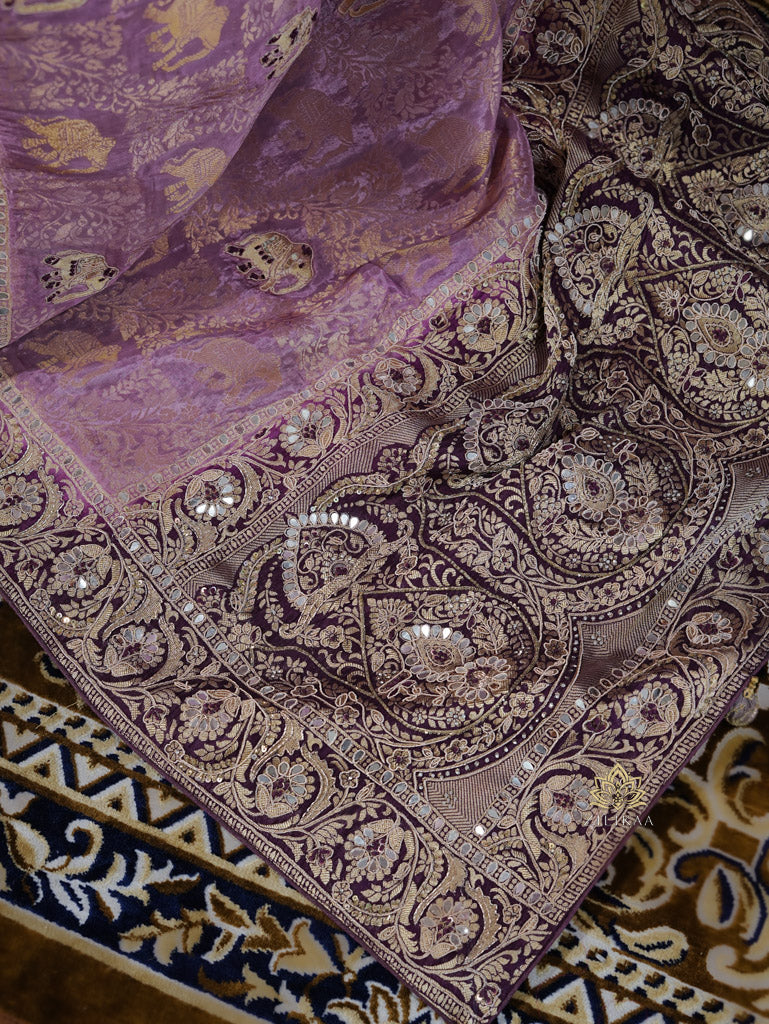 Lavender Purple Zardozi Handwork Munga Banarasi Silk Saree