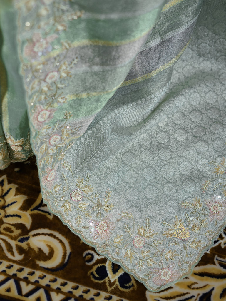 Fern Green Designer Hand Embroidery Rangkat Kanchi Tissue Silk Saree
