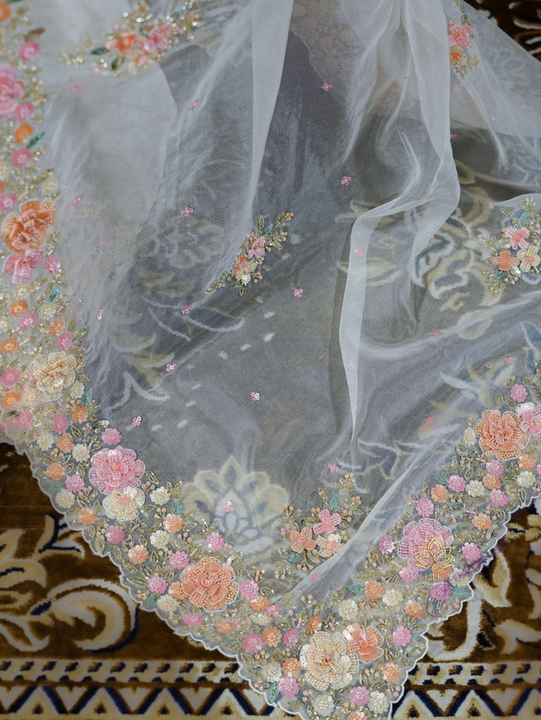 Pearl White Hand embroidery Organza Silk Saree