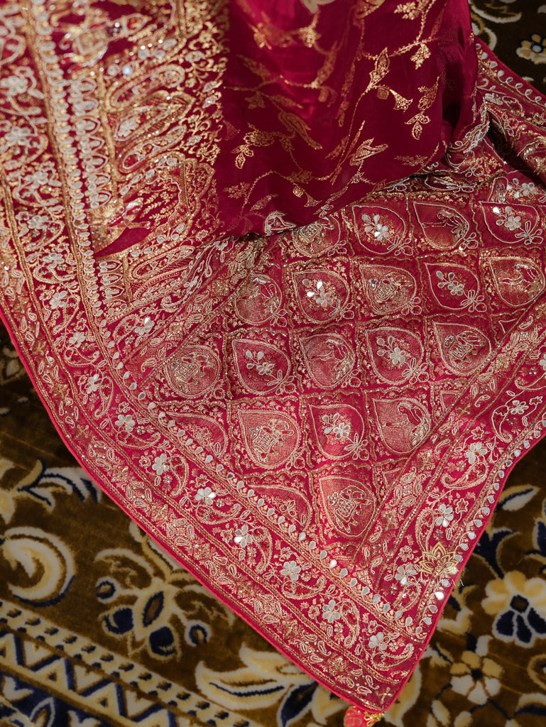 Calcutta Red Zardozi Handwork Mulberry Banarasi Silk Saree