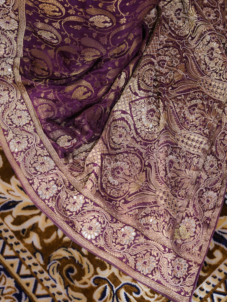 Plum Wine Zardozi Handwork Munga Banarasi Silk Saree