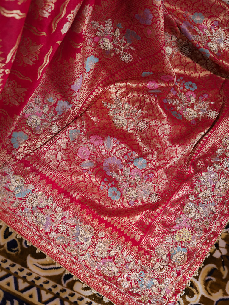 Calcutta Red Meenakari Banarasi Katan Silk Saree with Zardozi Handwork