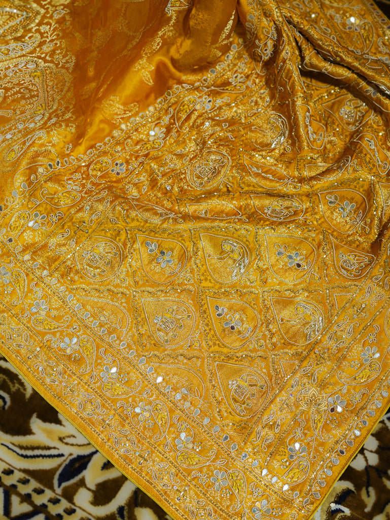 Mustard Yellow Zardozi Handwork Mulberry Banarasi Silk Saree
