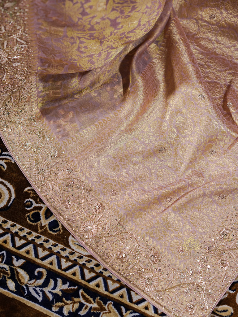 Pastel Pink Zardozi Handwork Kanchi Tissue Silk Saree