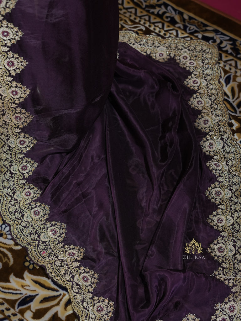 Plum Purple Munga Silk Saree With Zardozi Scalloped Border