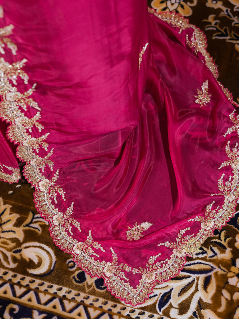 Queen Pink Munga Silk Saree with Designer Handwork