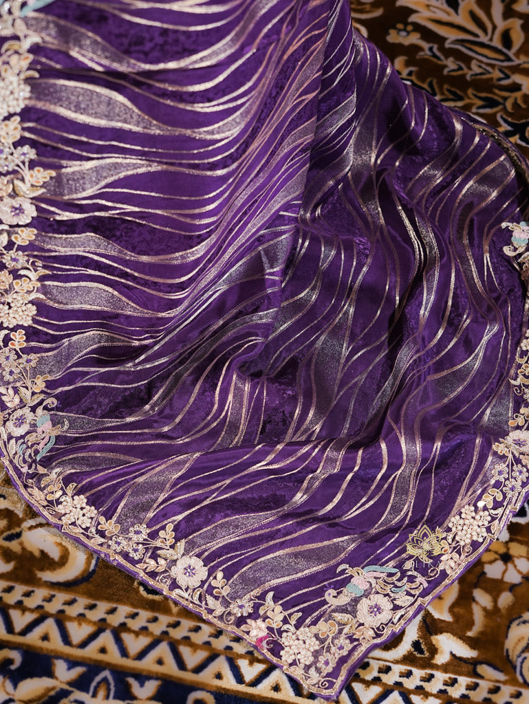 Plum Purple Munga Silk Saree with Zardozi Hand Embriodery
