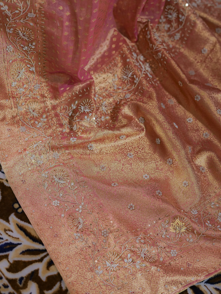 Salmon Pink Kanchipuram Tissue Silk Saree with Zardozi Hand Embroidery