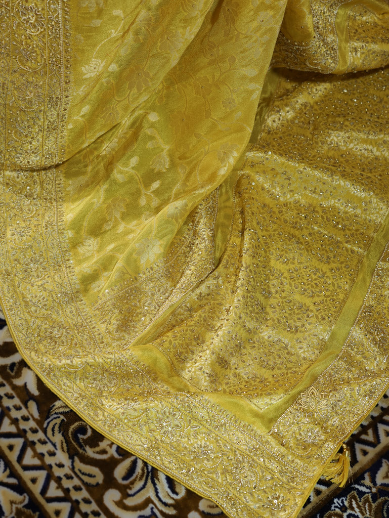 Lemon Yellow Zardozi Handwork Zari Tissue Silk Saree