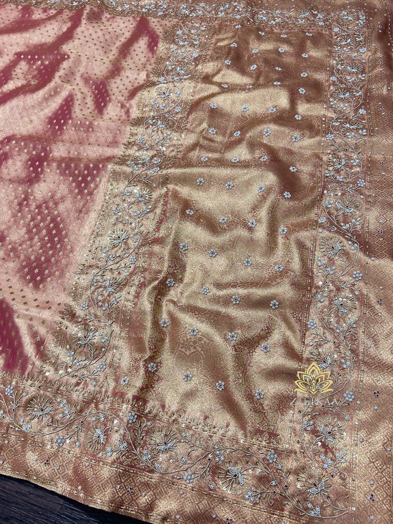 Salmon Pink Kanchipuram Tissue Silk Saree with Zardozi Hand Embroidery