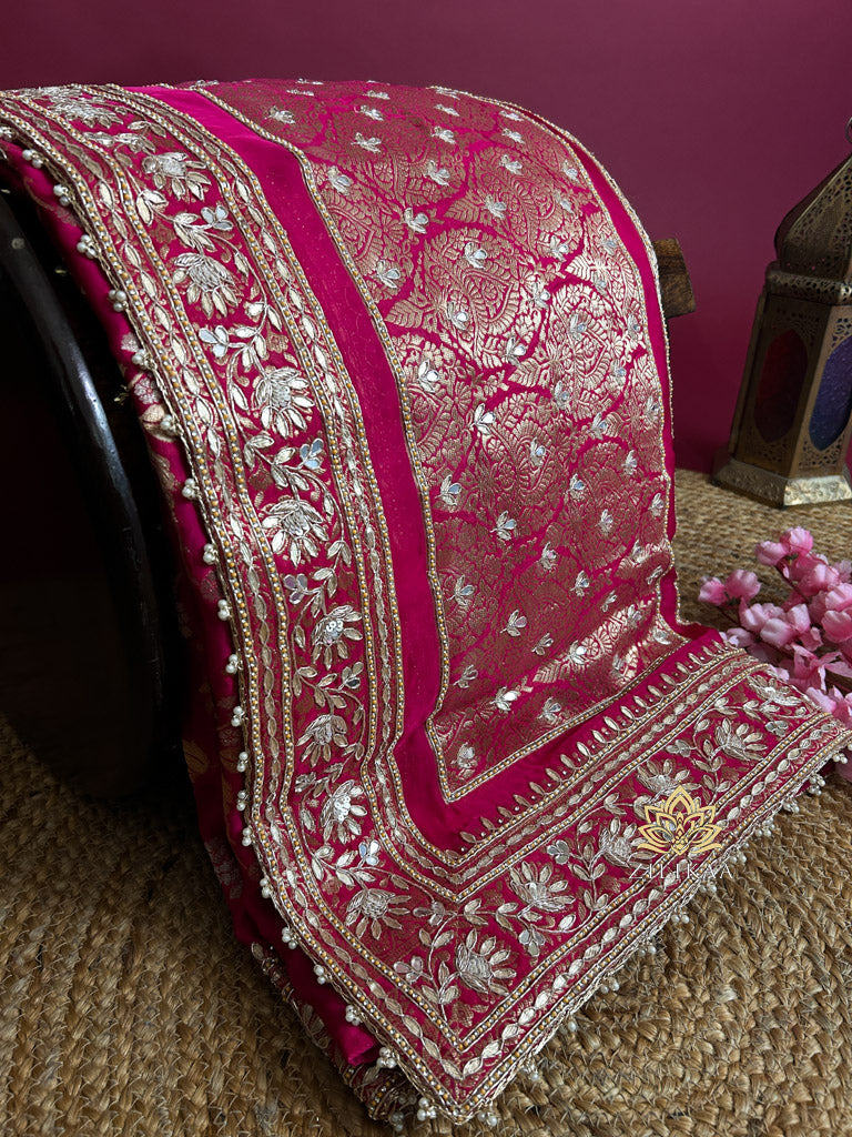 Queen Pink Zardozi Handwork Mulberry Banarasi Silk Saree