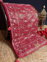 Calcutta Red Zardozi Handwork Mulberry Banarasi Silk Saree
