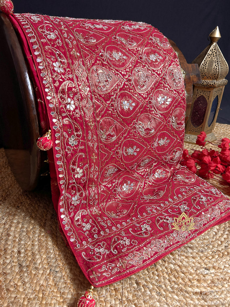 Calcutta Red Zardozi Handwork Mulberry Banarasi Silk Saree