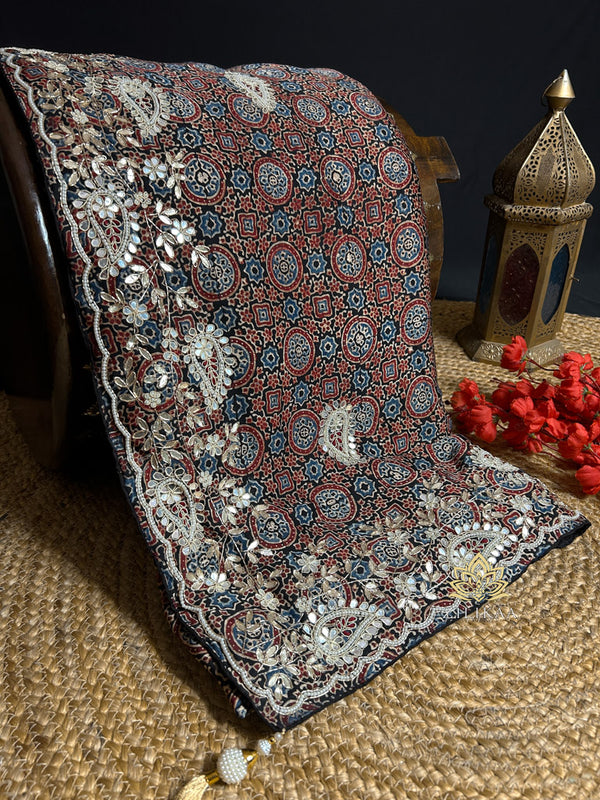 Hand Block Ajarakh Modal Silk Saree with Hand Embroidery