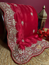 Rose Red Mulberry Silk Saree With Zardozi Scalloped Border
