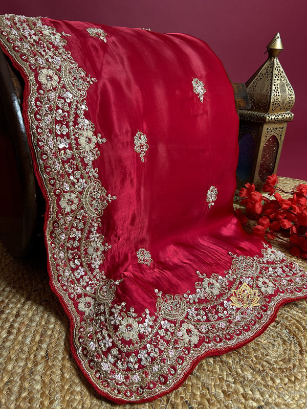 Rose Red Mulberry Silk Saree With Zardozi Scalloped Border