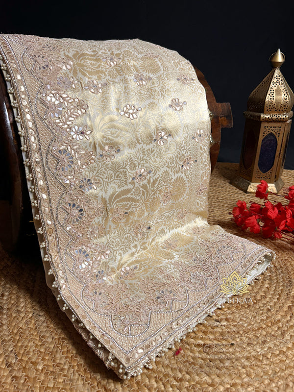 Ivory Special Zardozi Handwork Munga Banarasi Silk Saree