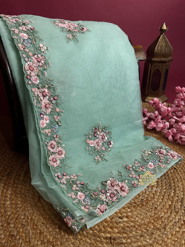 Ocean Green Hand Embroidery Organza Silk Saree