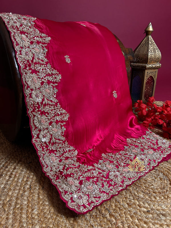 Queen Pink Mulberry Silk Saree With Zardozi Scalloped Border