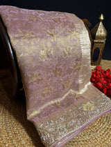 Lilac Purple Zardozi Handwork Kanchi Tissue Silk Saree