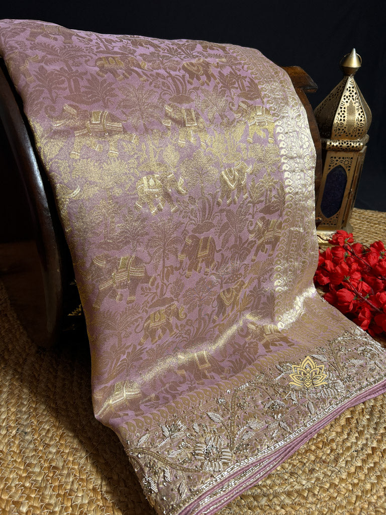 Lilac Purple Zardozi Handwork Kanchi Tissue Silk Saree