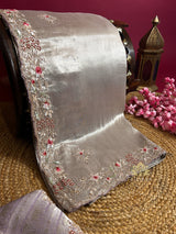 Lilac Purple Designer Hand Embroidery Kanchi Tissue Silk Saree