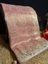 Pastel Pink Zardozi Handwork Kanchi Tissue Silk Saree