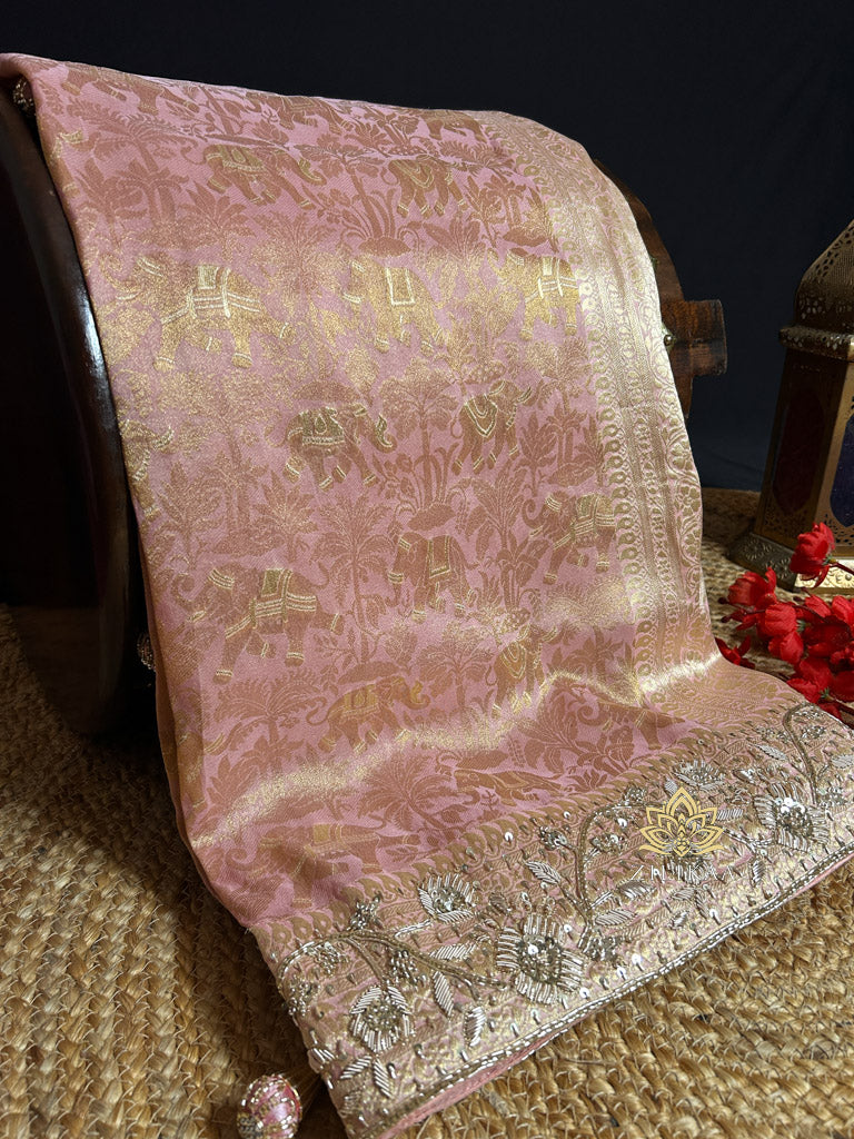 Pastel Pink Zardozi Handwork Kanchi Tissue Silk Saree