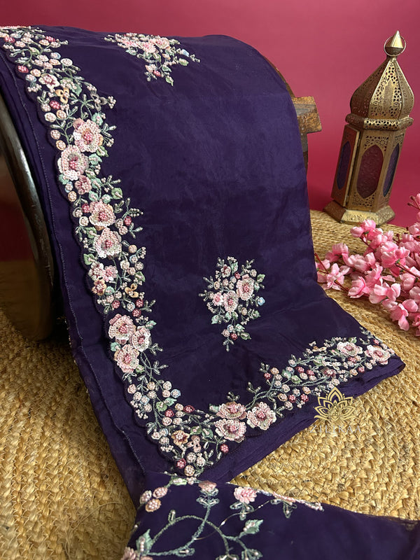 Eggplant Purple Hand Embroidery Organza Silk Saree