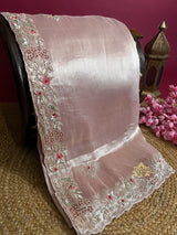 Baby Pink Designer Hand Embroidery Kanchi Tissue Silk Saree