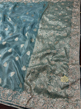 French Blue Tissue Silk Saree with Zardozi Pearl Handwork