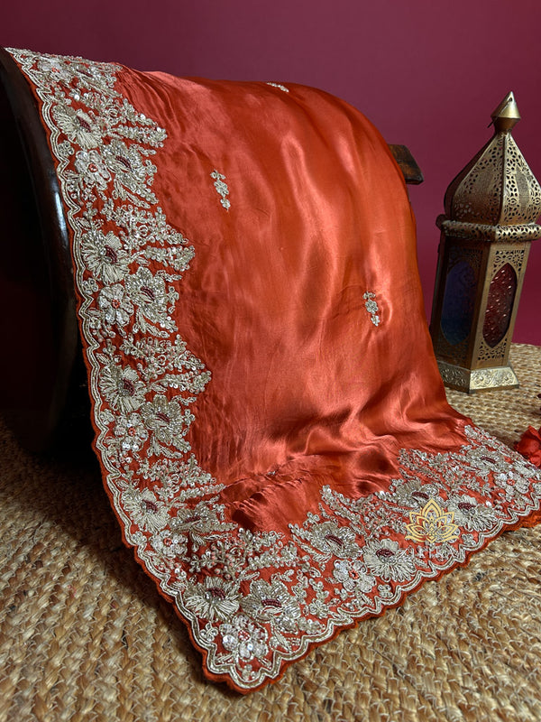 Rust Orange Mulberry Silk Saree With Zardozi Scalloped Border