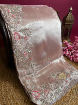 Baby Pink Designer Hand Embroidery Kanchi Tissue Silk Saree