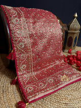 Calcutta Red Zardozi Handwork Mulberry Banarasi Silk Saree