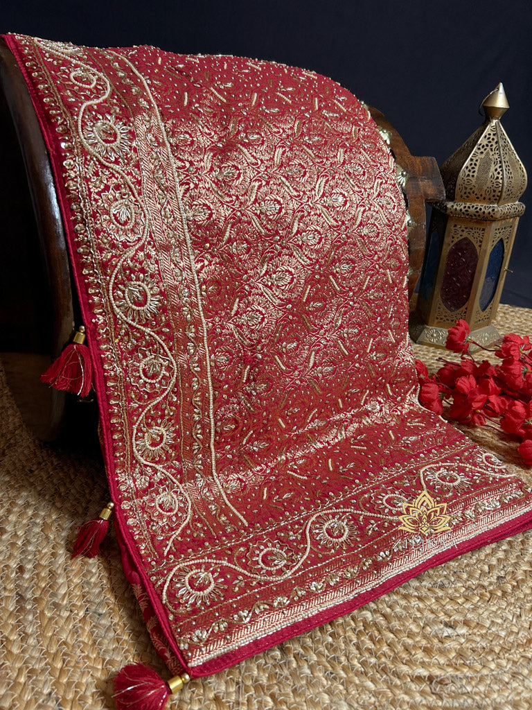Calcutta Red Zardozi Handwork Mulberry Banarasi Silk Saree